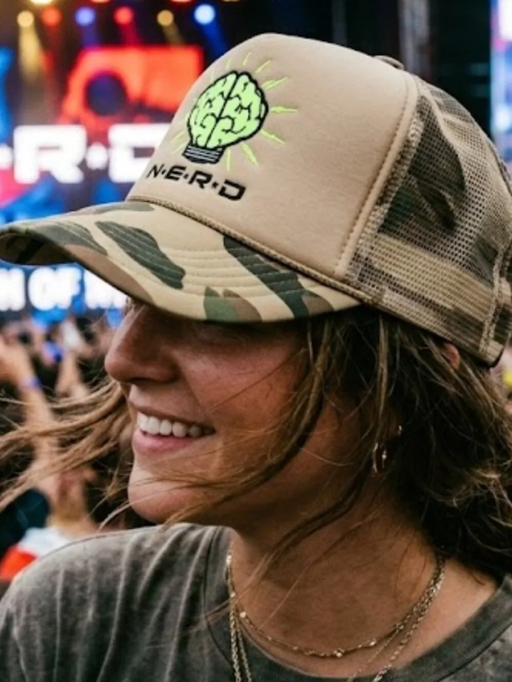 NERD Trucker Hat Pharrell Neptunes Y2K Retro Camo Brain Logo Mesh Snapback Cap
